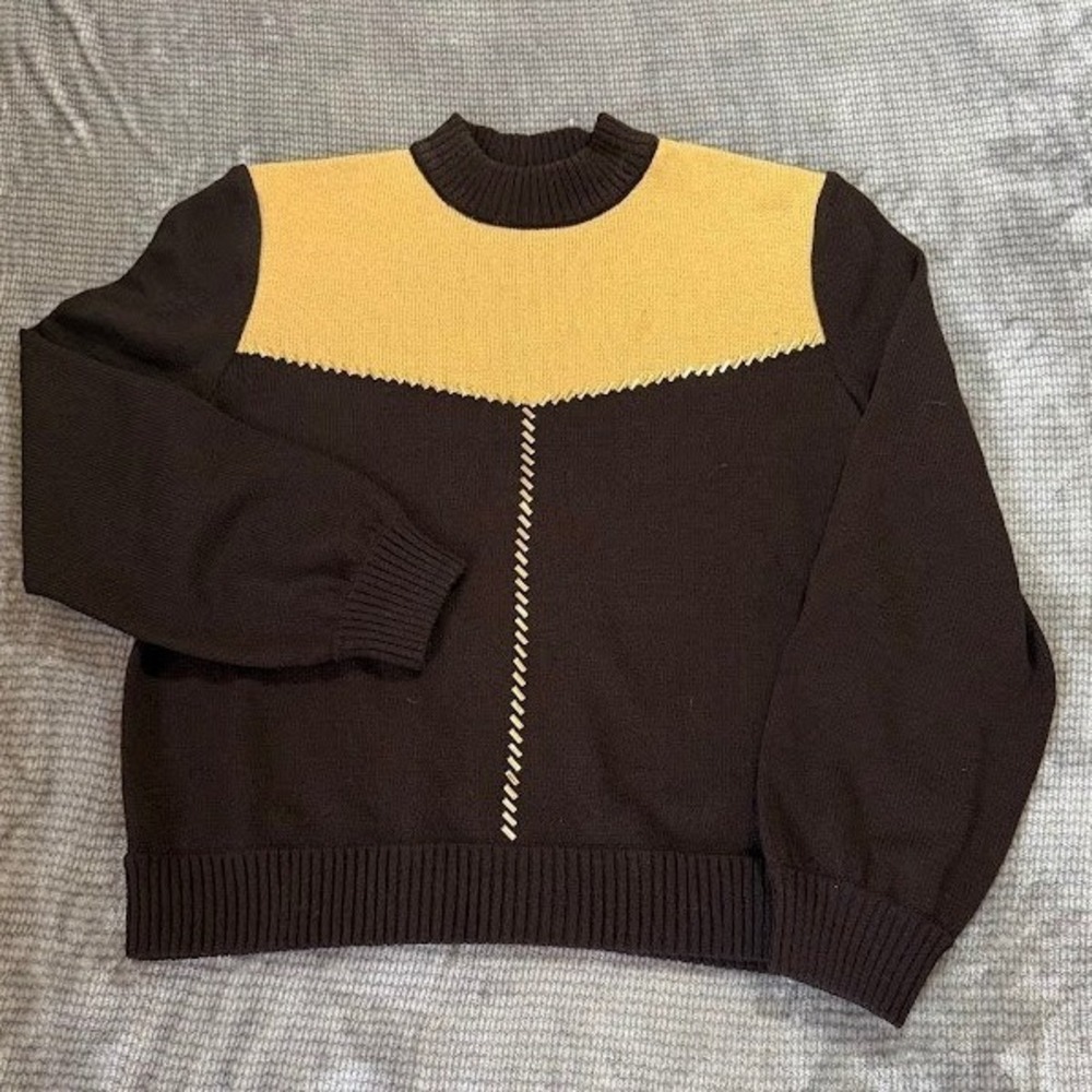 St John Collection Marie Gray Brown Yellow Knit Mock Neck Sweater Vintage Size M